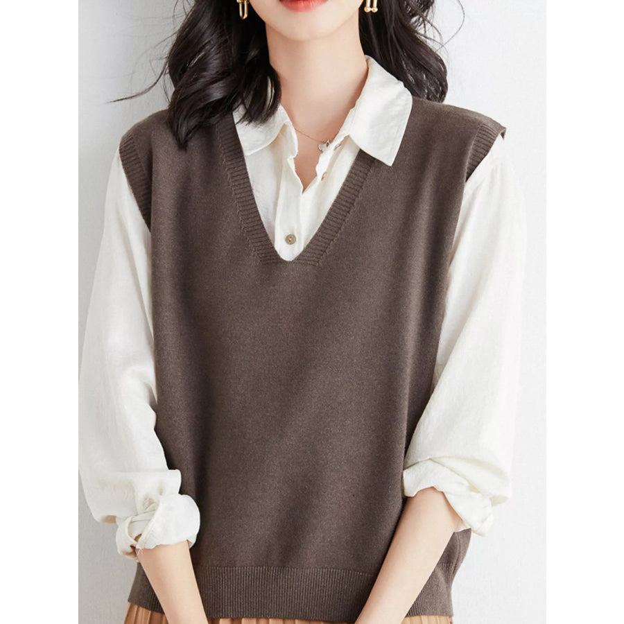 Elegant V-Neck Cropped Sweater Vest Coffee / S Apparel and Accessories