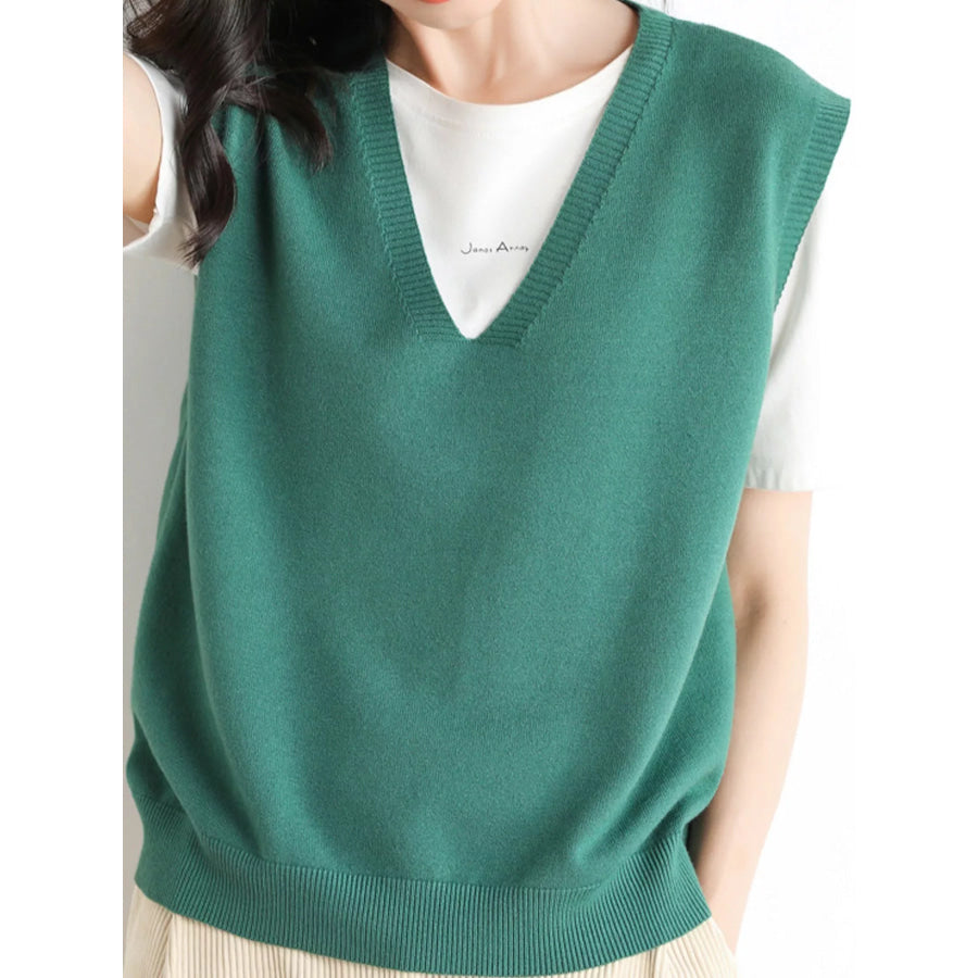 Elegant V-Neck Cropped Sweater Vest Dark Green / S Apparel and Accessories