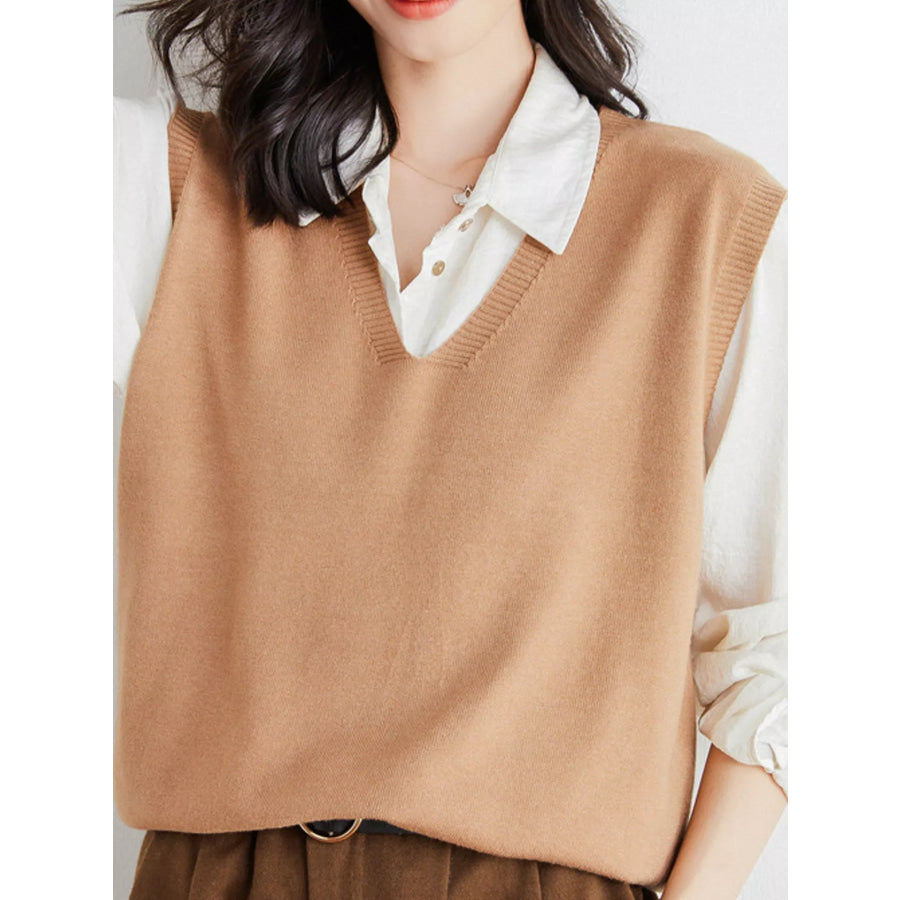 Elegant V-Neck Cropped Sweater Vest Golden Camel / S Apparel and Accessories