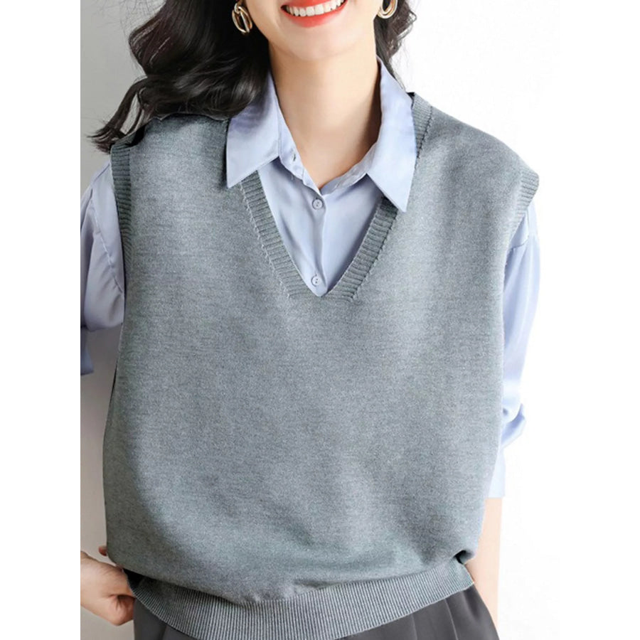 Elegant V-Neck Cropped Sweater Vest Gray / S Apparel and Accessories