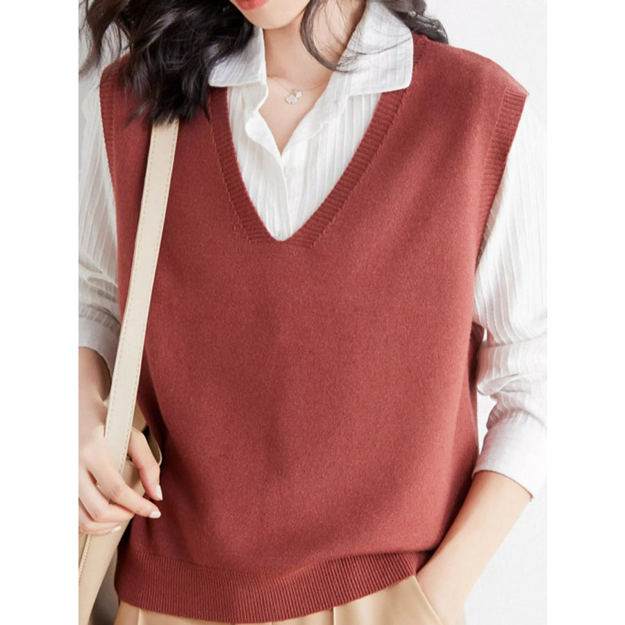 Elegant V-Neck Cropped Sweater Vest Rust Red / S Apparel and Accessories