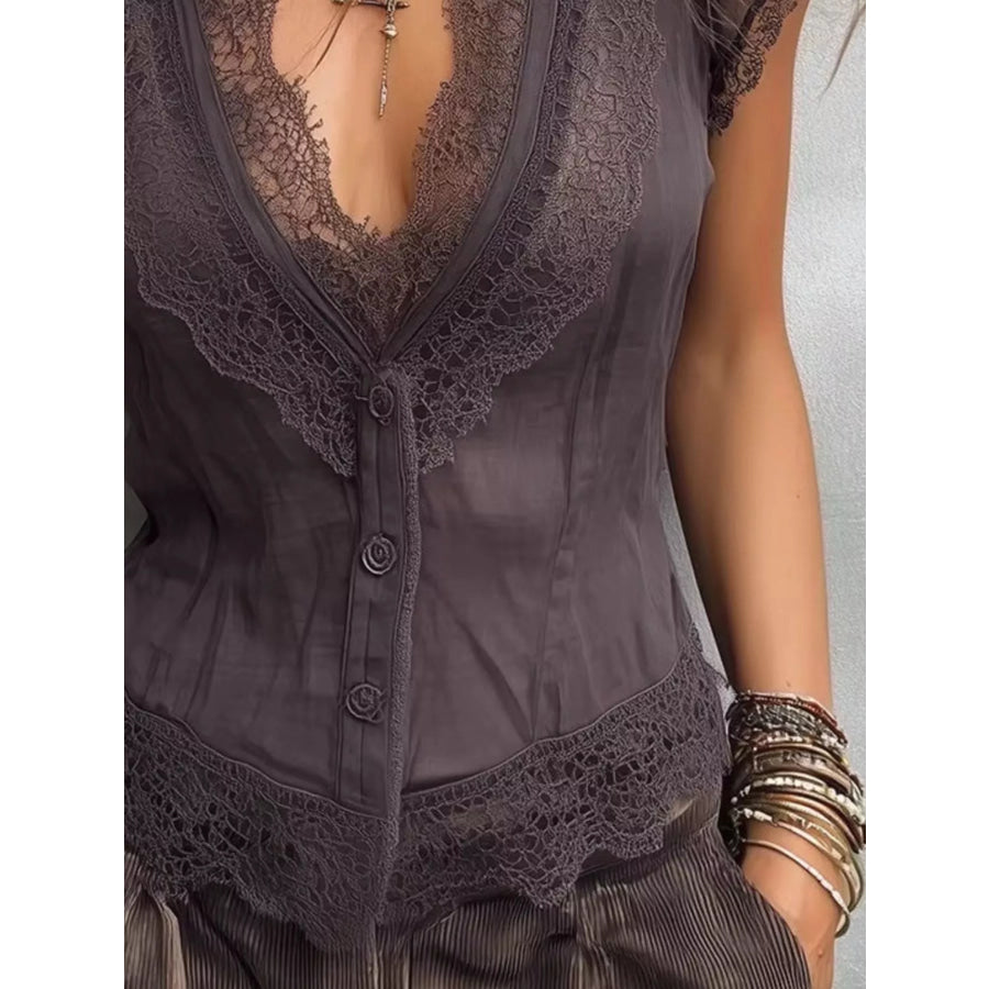 Elegant V-Neck Lace Trimmed Button-Down Blouse Apparel and Accessories