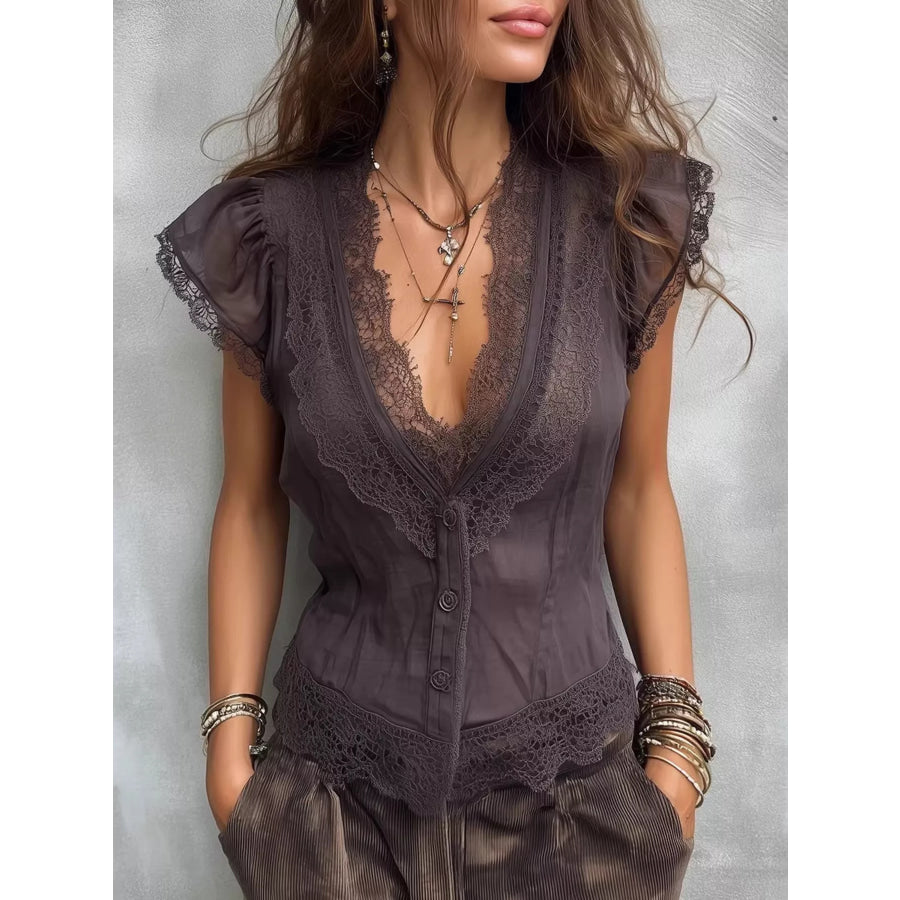 Elegant V-Neck Lace Trimmed Button-Down Blouse Graypurple / XS Apparel and Accessories