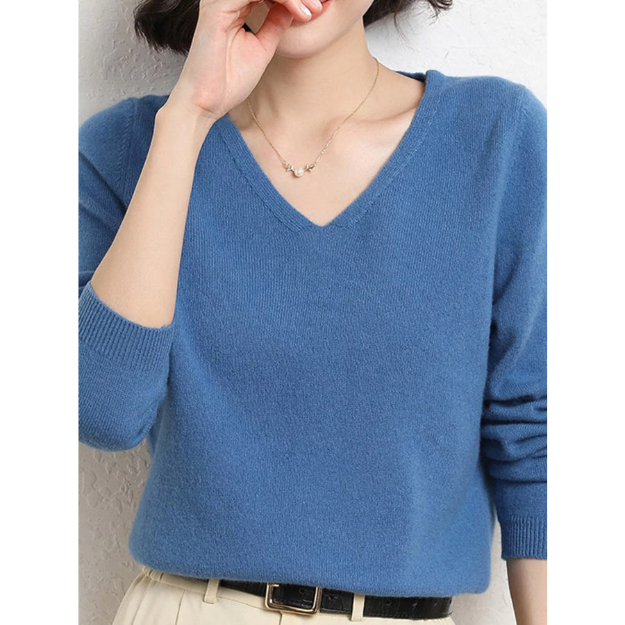 Elegant V-Neck Long Sleeve Soft Knit Top Apparel and Accessories
