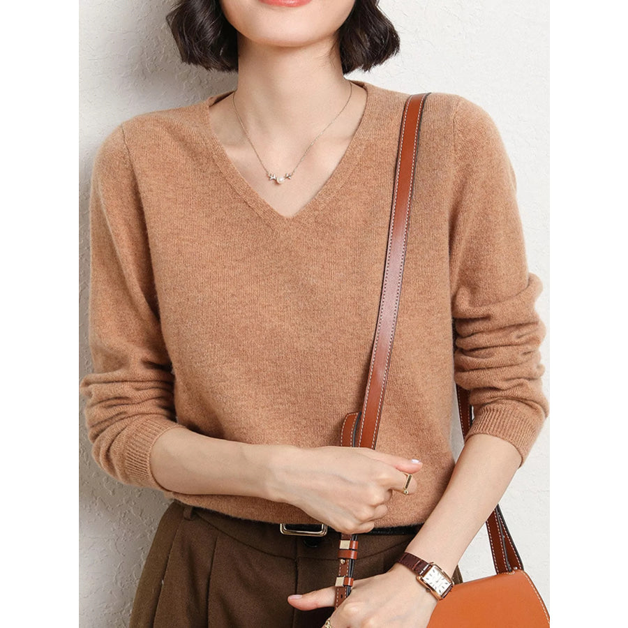 Elegant V-Neck Long Sleeve Soft Knit Top Apparel and Accessories