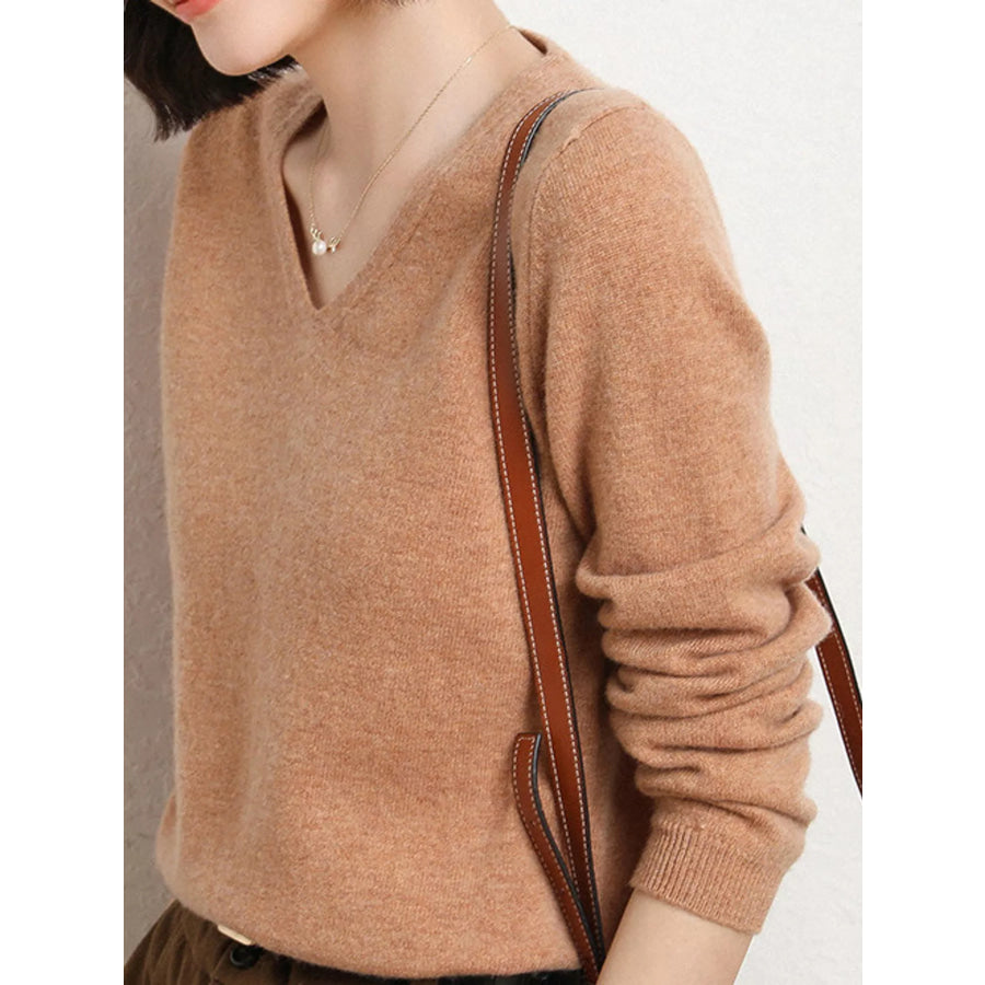 Elegant V-Neck Long Sleeve Soft Knit Top Apparel and Accessories