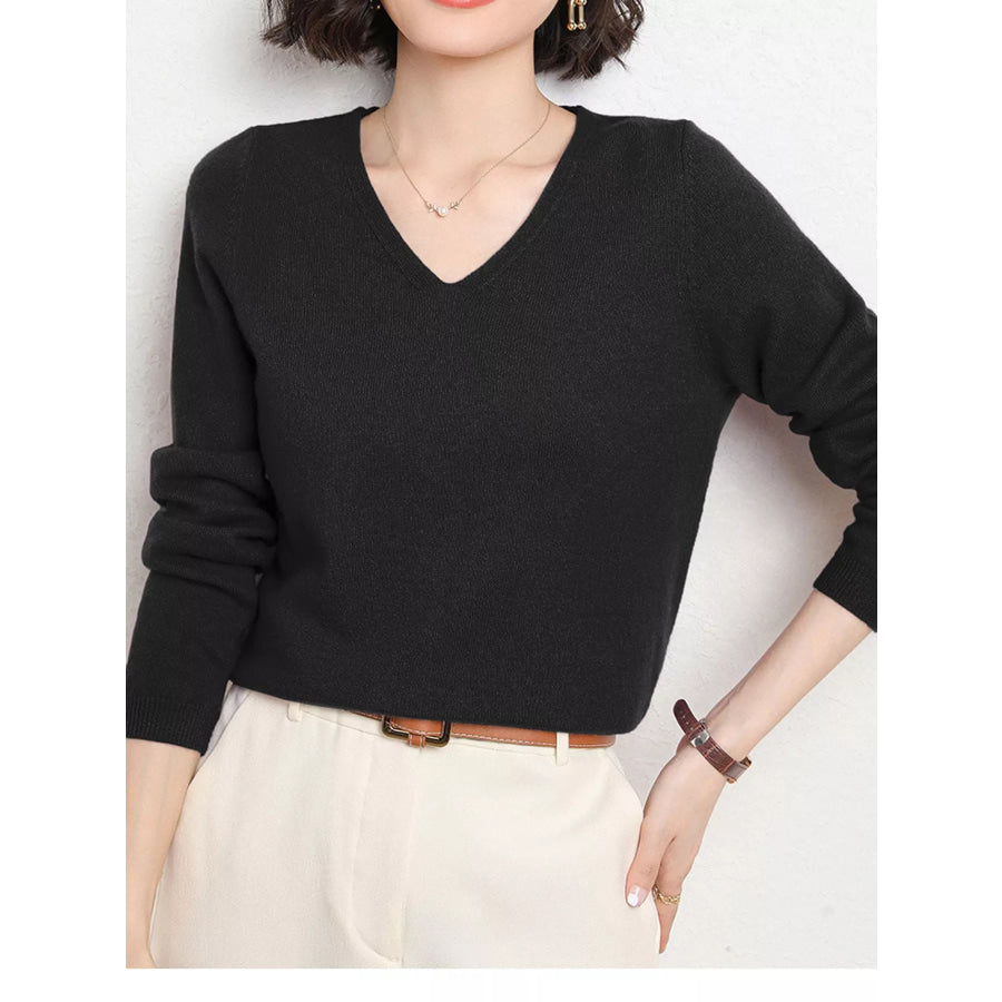 Elegant V-Neck Long Sleeve Soft Knit Top Apparel and Accessories