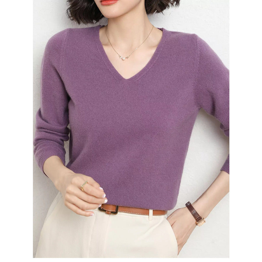 Elegant V-Neck Long Sleeve Soft Knit Top Apparel and Accessories