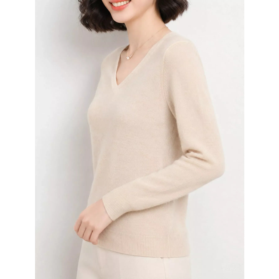 Elegant V-Neck Long Sleeve Soft Knit Top Apparel and Accessories