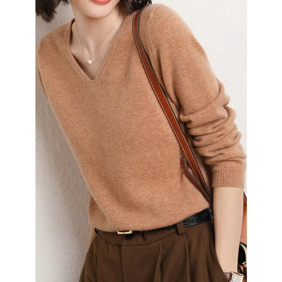 Elegant V-Neck Long Sleeve Soft Knit Top Apparel and Accessories