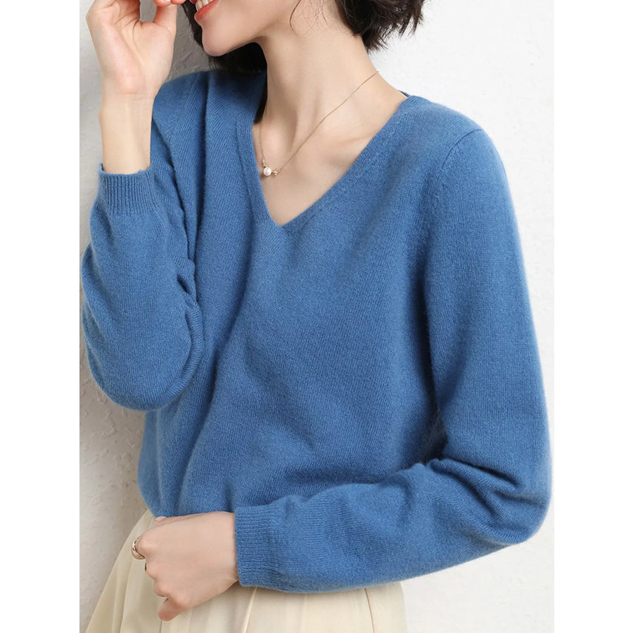Elegant V-Neck Long Sleeve Soft Knit Top Apparel and Accessories
