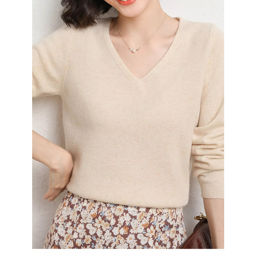 Elegant V-Neck Long Sleeve Soft Knit Top Apparel and Accessories