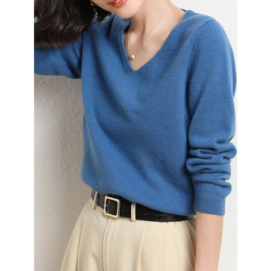 Elegant V-Neck Long Sleeve Soft Knit Top Apparel and Accessories