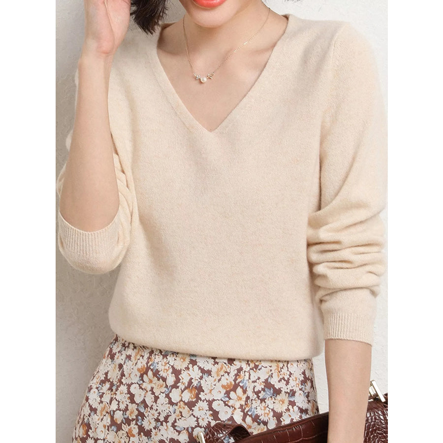 Elegant V-Neck Long Sleeve Soft Knit Top Beige / M Apparel and Accessories