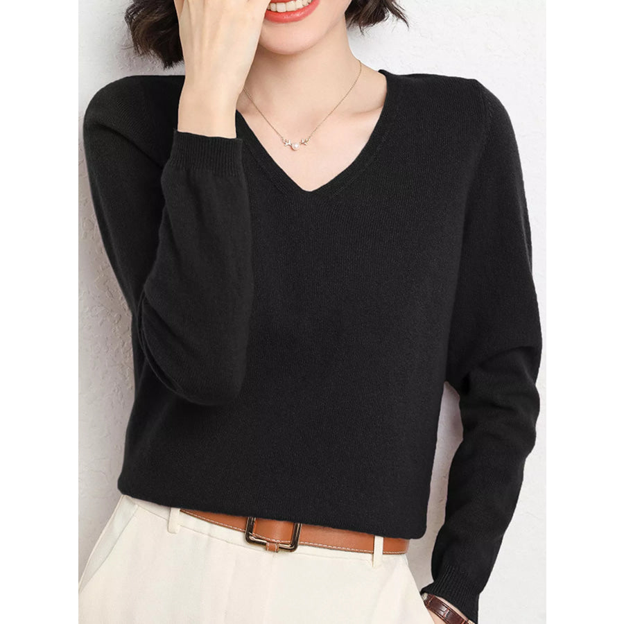 Elegant V-Neck Long Sleeve Soft Knit Top Black / M Apparel and Accessories