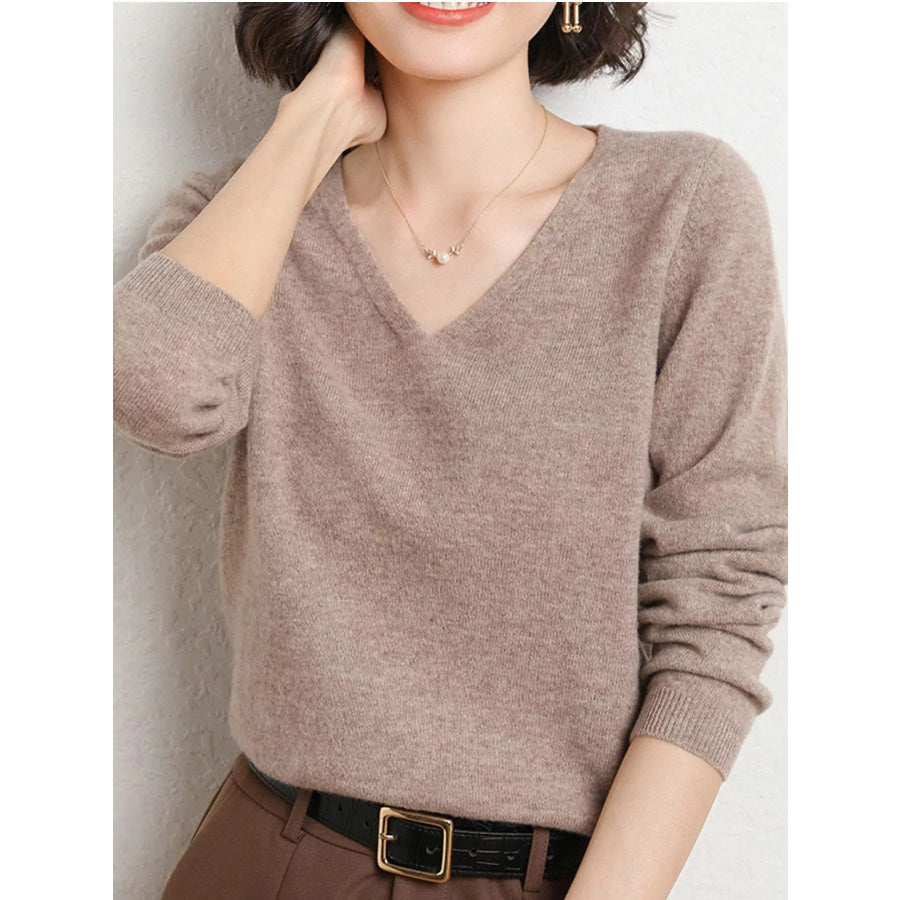 Elegant V-Neck Long Sleeve Soft Knit Top Camel / M Apparel and Accessories