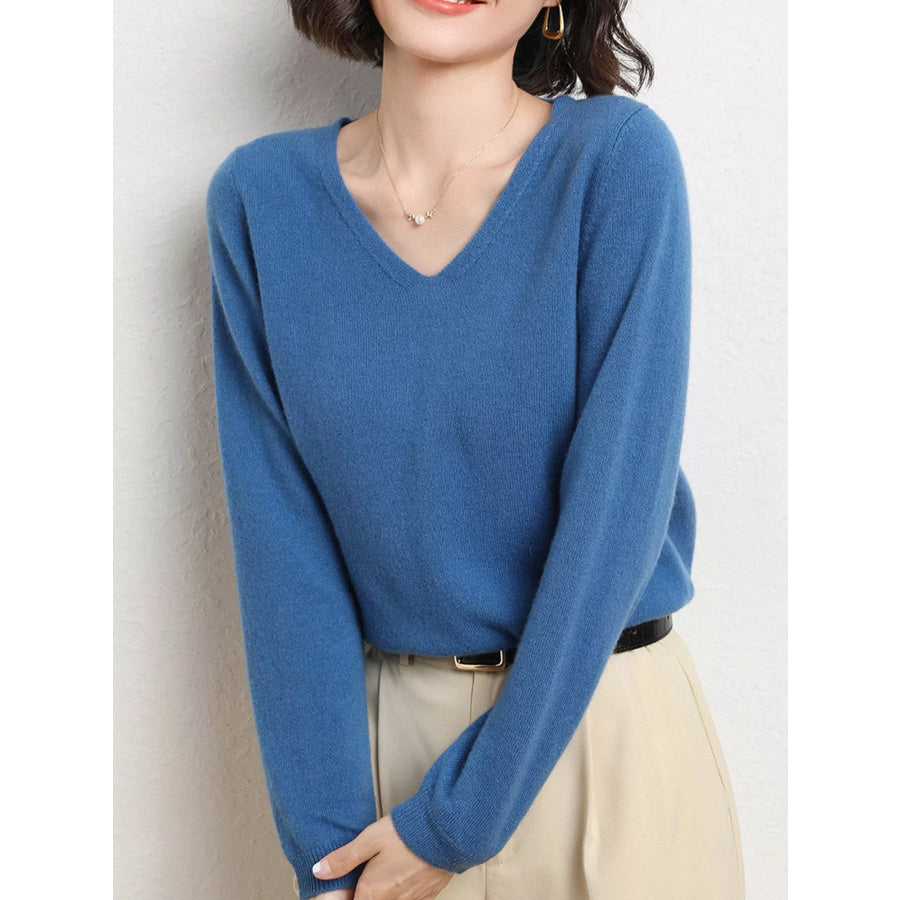Elegant V-Neck Long Sleeve Soft Knit Top Dusty Blue / M Apparel and Accessories