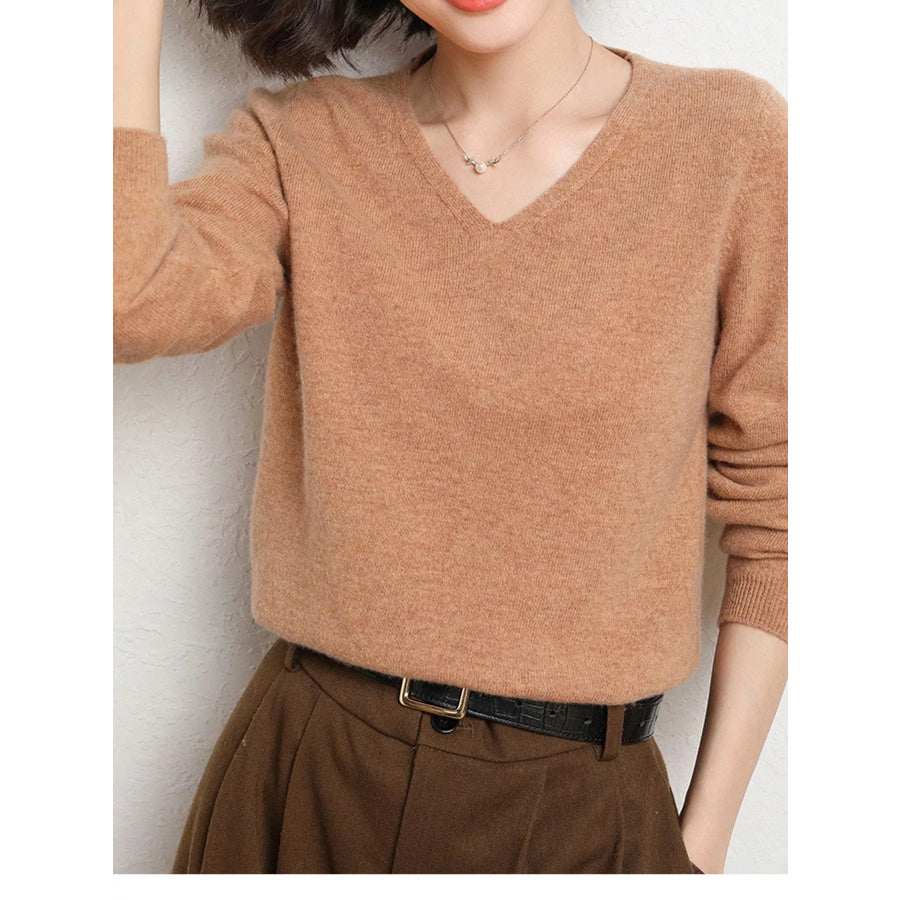 Elegant V-Neck Long Sleeve Soft Knit Top Golden Camel / M Apparel and Accessories