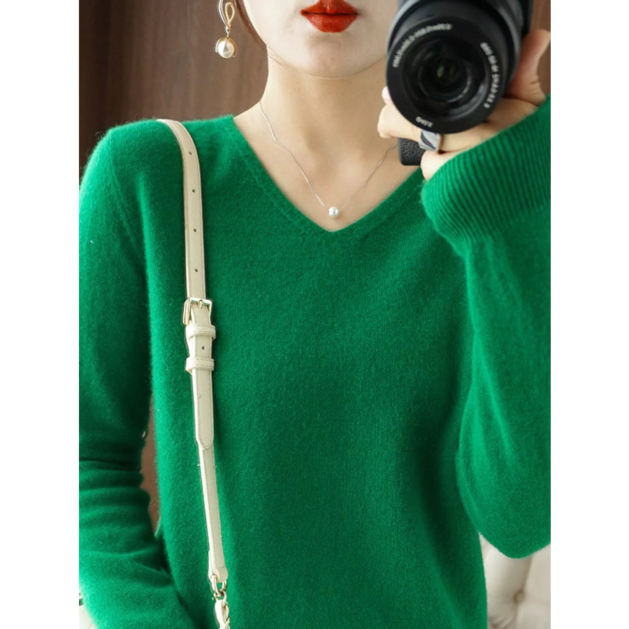 Elegant V-Neck Long Sleeve Soft Knit Top Green / M Apparel and Accessories