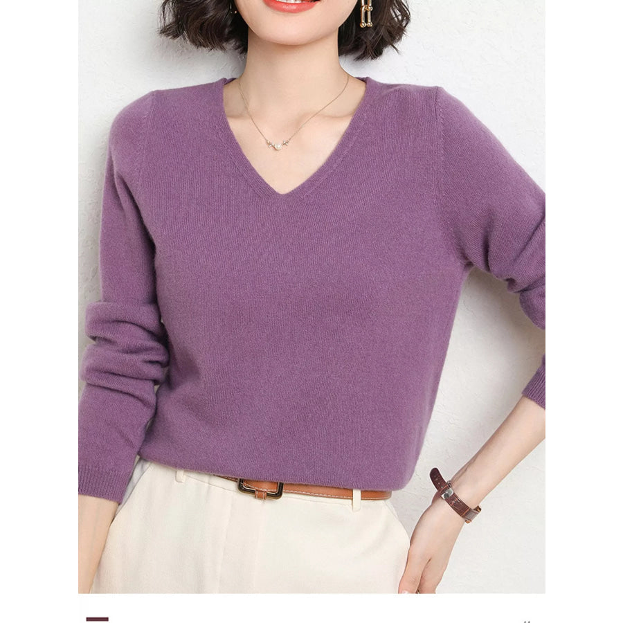 Elegant V-Neck Long Sleeve Soft Knit Top Purple / M Apparel and Accessories