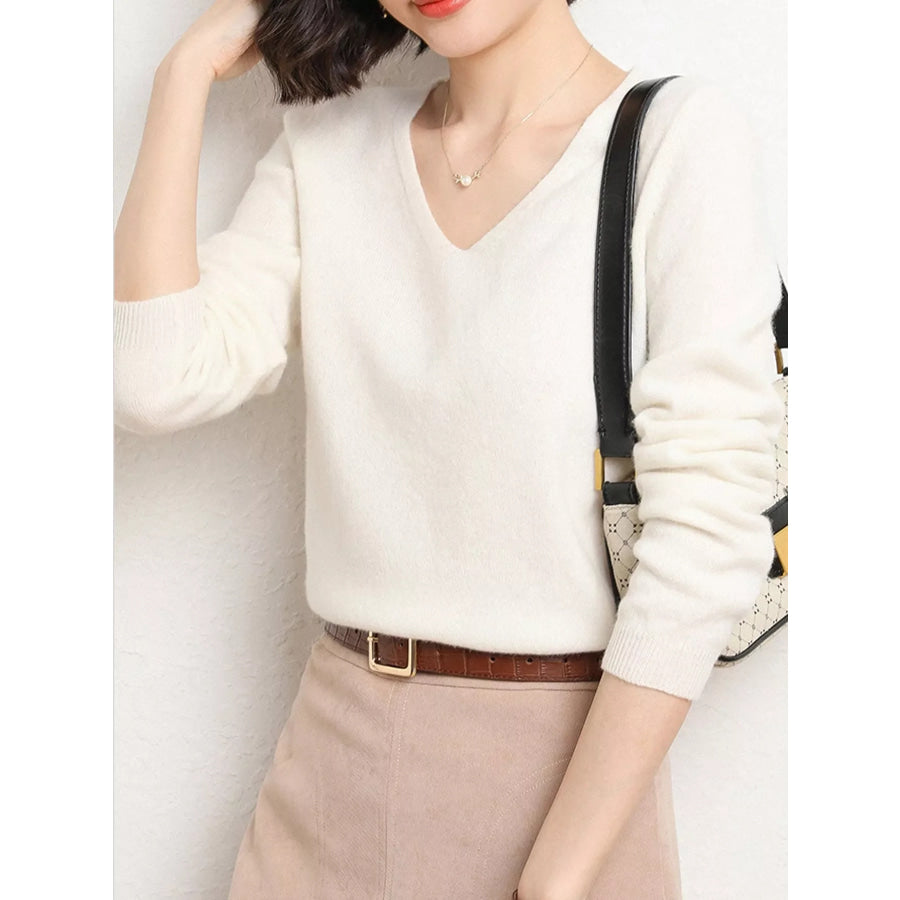 Elegant V-Neck Long Sleeve Soft Knit Top White / M Apparel and Accessories