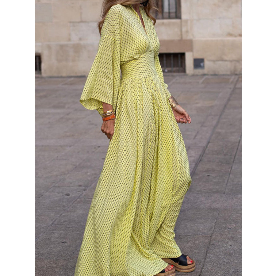 Elegant V-Neck Maxi Dress with Flowy Sleeves Yellow / S Apparel and Accessories
