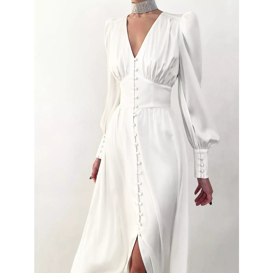 Elegant V-Neck Puff Sleeve Button-Down Midi Dress Apparel and Accessories