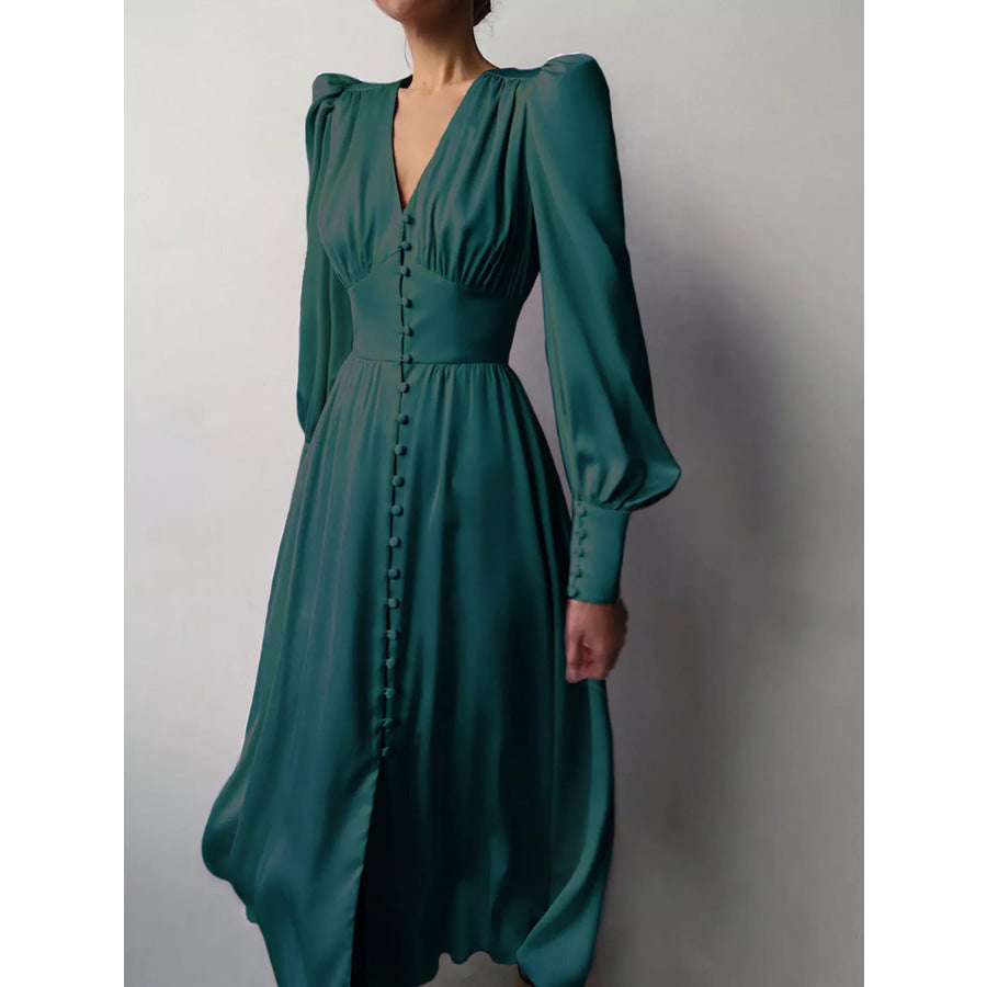 Elegant V-Neck Puff Sleeve Button-Down Midi Dress Apparel and Accessories