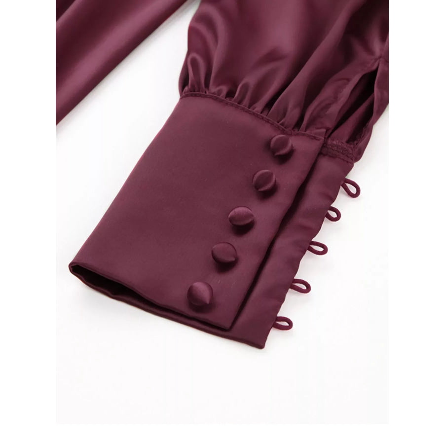 Elegant V-Neck Puff Sleeve Button-Down Midi Dress Apparel and Accessories