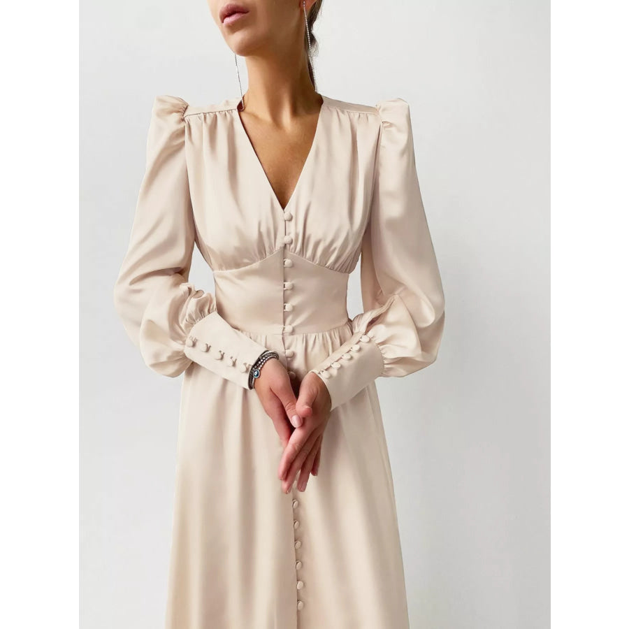 Elegant V-Neck Puff Sleeve Button-Down Midi Dress Apparel and Accessories