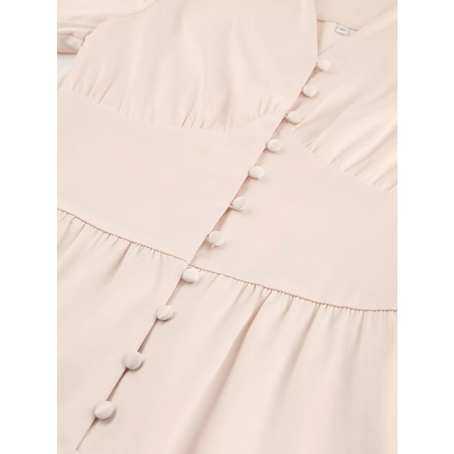 Elegant V-Neck Puff Sleeve Button-Down Midi Dress Apparel and Accessories