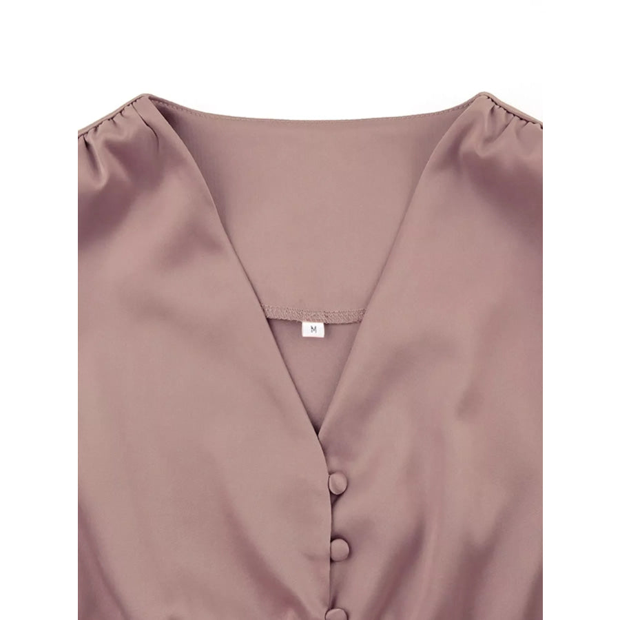 Elegant V-Neck Puff Sleeve Button-Down Midi Dress Apparel and Accessories