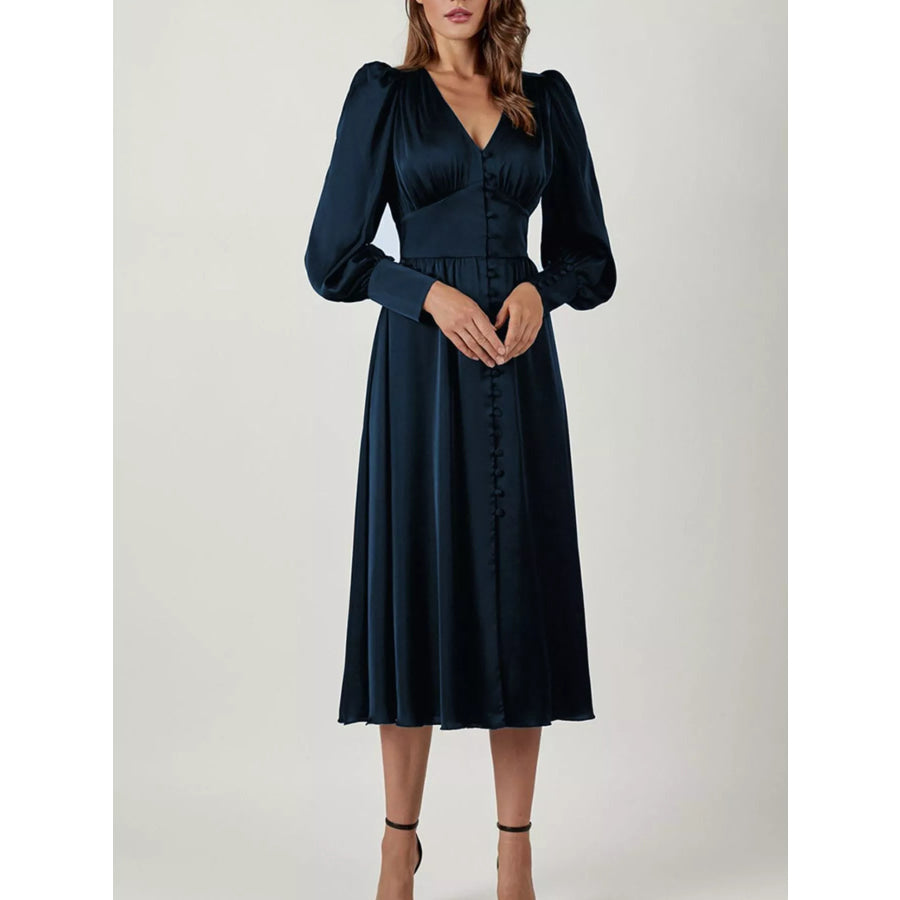 Elegant V-Neck Puff Sleeve Button-Down Midi Dress Apparel and Accessories
