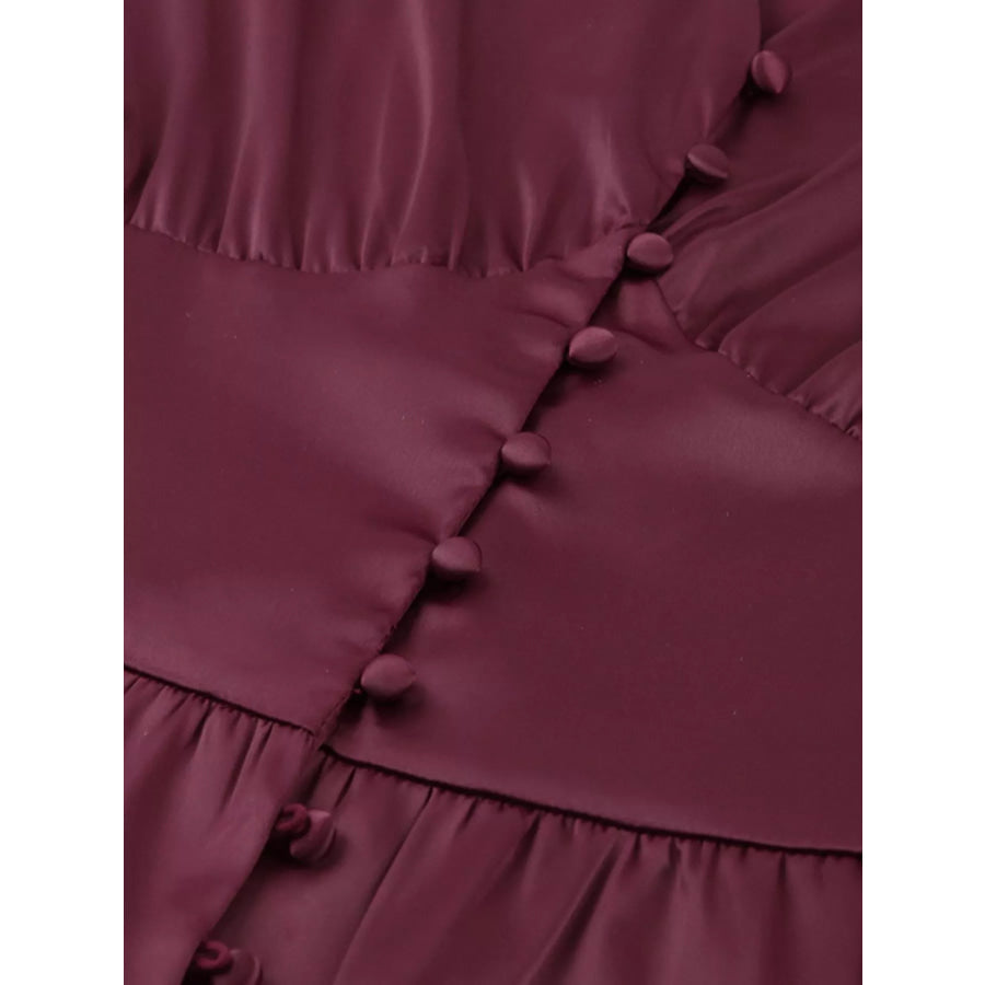 Elegant V-Neck Puff Sleeve Button-Down Midi Dress Apparel and Accessories