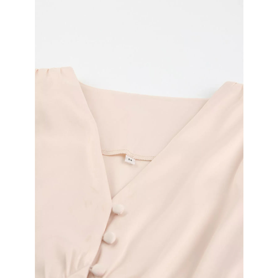 Elegant V-Neck Puff Sleeve Button-Down Midi Dress Apparel and Accessories