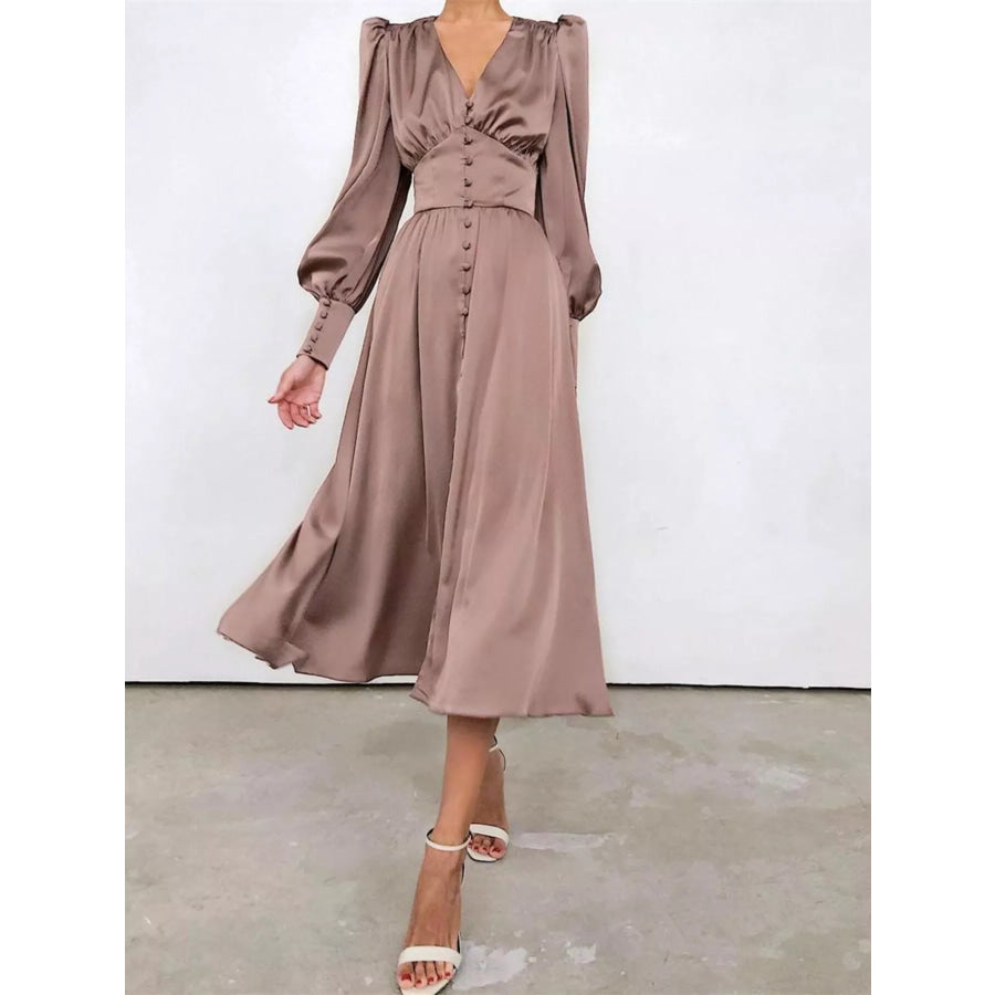 Elegant V-Neck Puff Sleeve Button-Down Midi Dress Apparel and Accessories