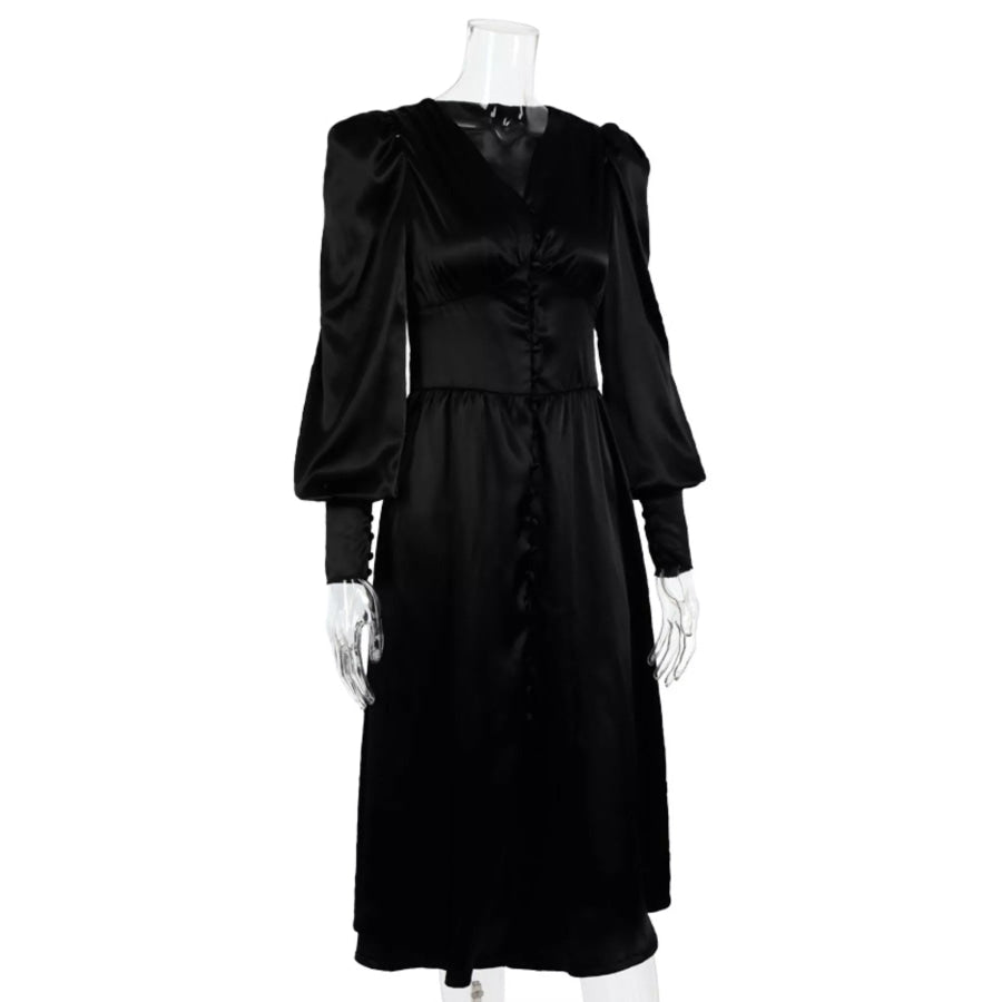 Elegant V-Neck Puff Sleeve Button-Down Midi Dress Apparel and Accessories
