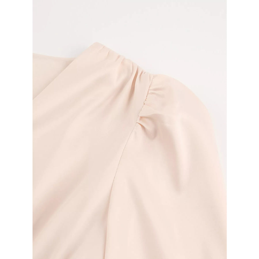 Elegant V-Neck Puff Sleeve Button-Down Midi Dress Apparel and Accessories