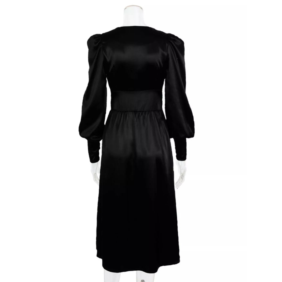 Elegant V-Neck Puff Sleeve Button-Down Midi Dress Apparel and Accessories