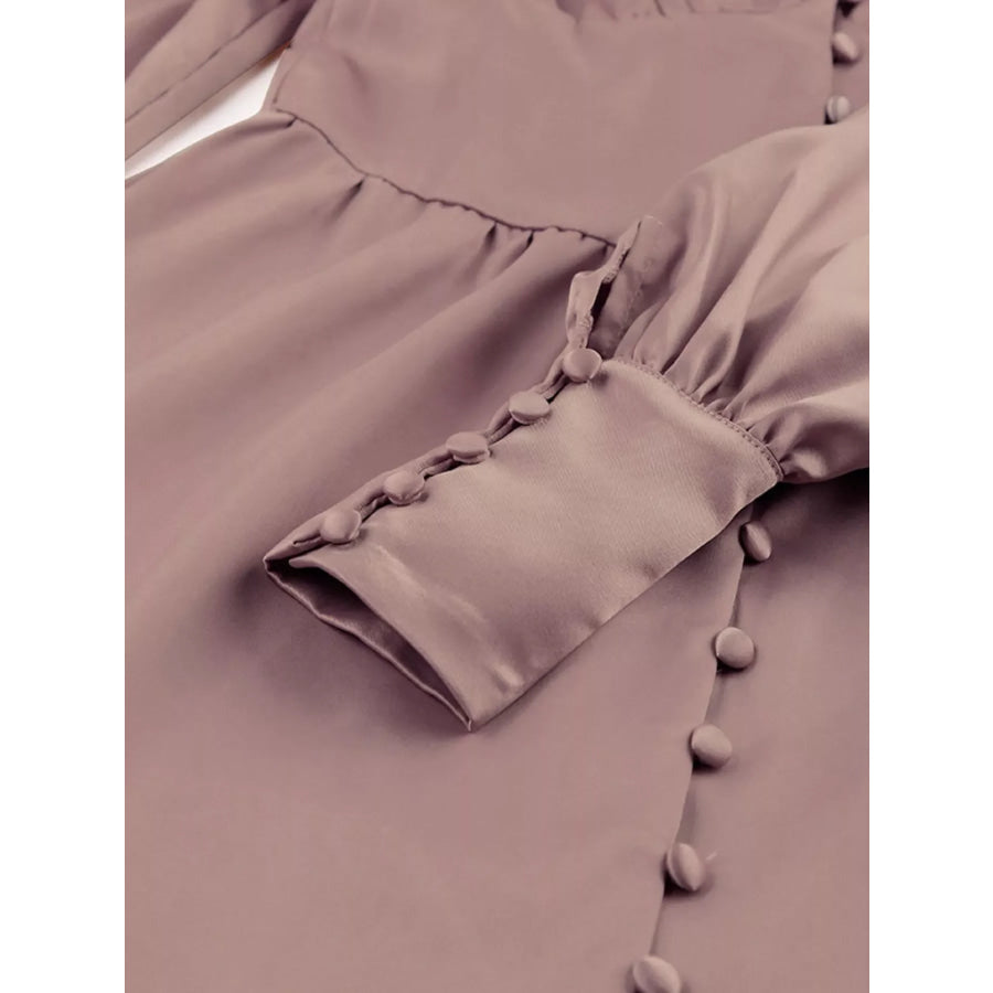 Elegant V-Neck Puff Sleeve Button-Down Midi Dress Apparel and Accessories