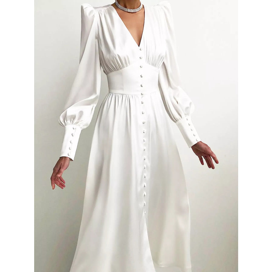 Elegant V-Neck Puff Sleeve Button-Down Midi Dress Apparel and Accessories