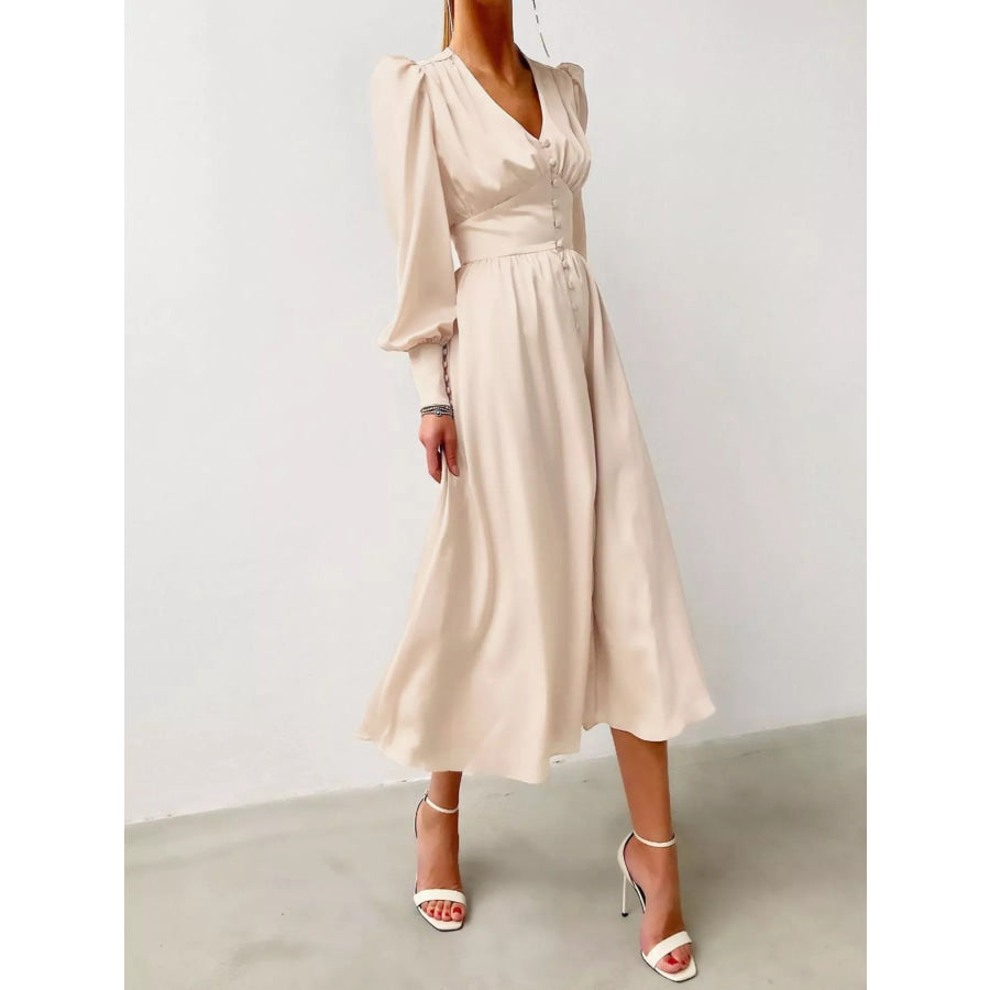 Elegant V-Neck Puff Sleeve Button-Down Midi Dress Apparel and Accessories