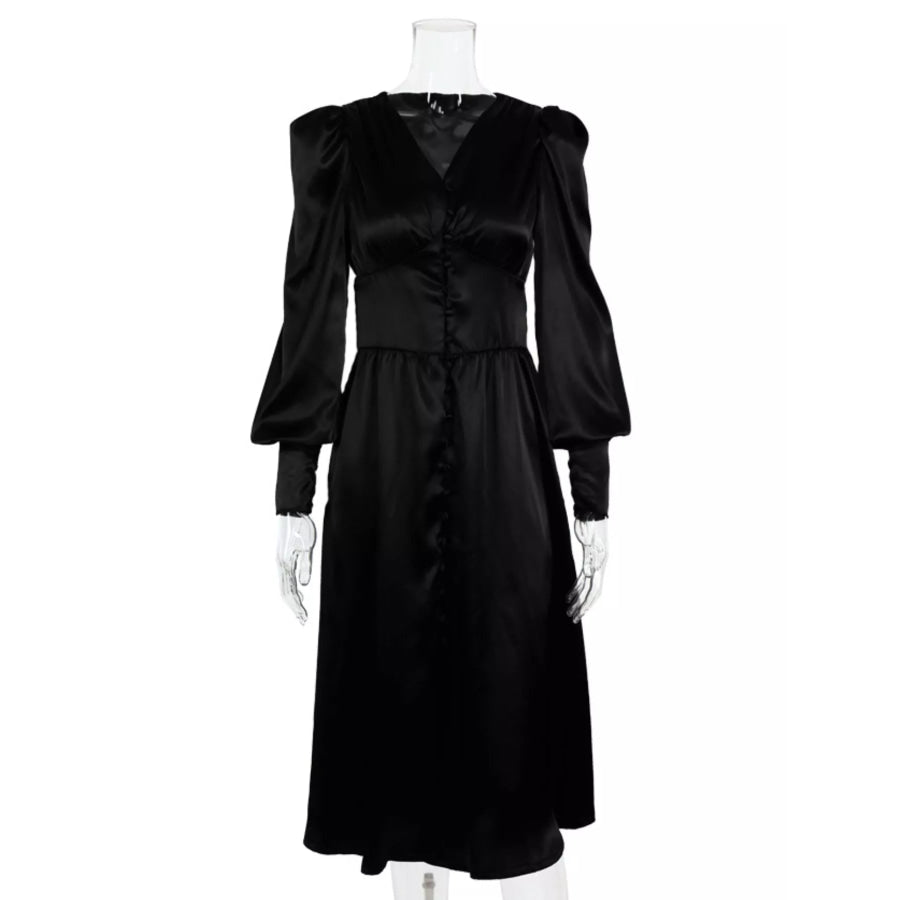 Elegant V-Neck Puff Sleeve Button-Down Midi Dress Apparel and Accessories