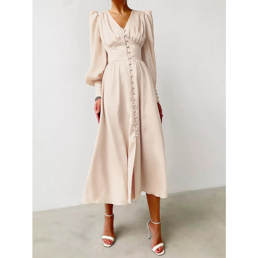 Elegant V-Neck Puff Sleeve Button-Down Midi Dress Beige / XS Apparel and Accessories