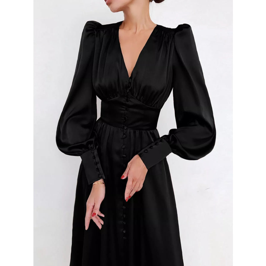Elegant V-Neck Puff Sleeve Button-Down Midi Dress Black / XS Apparel and Accessories