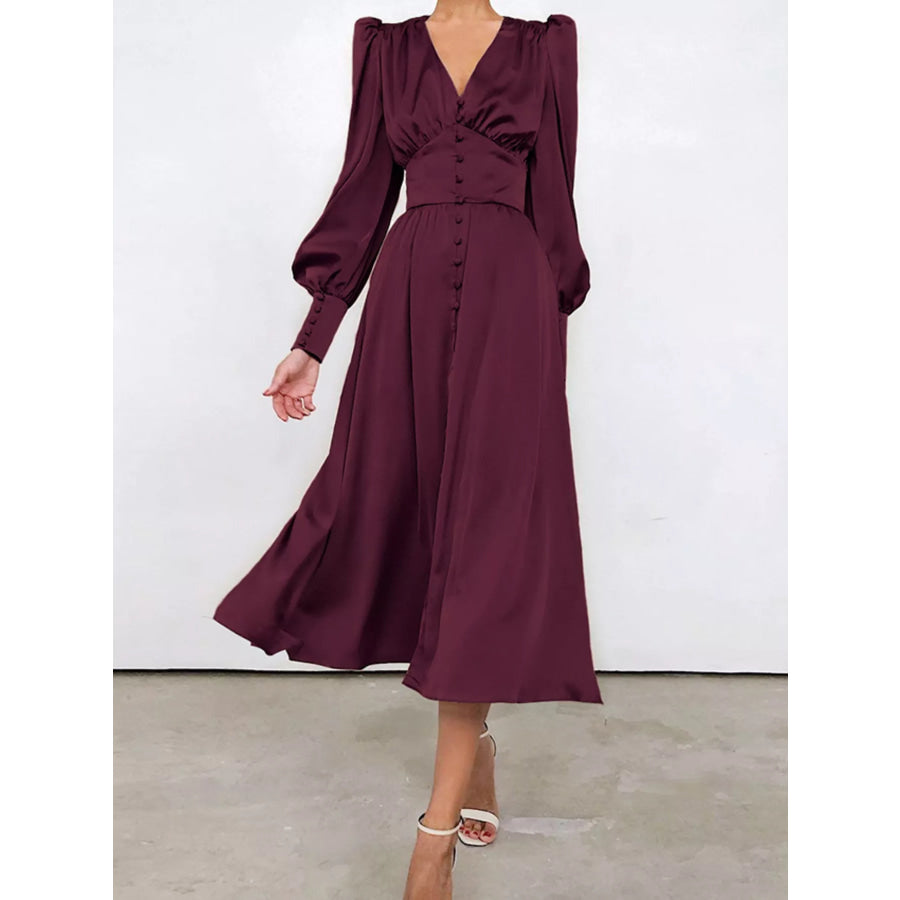 Elegant V-Neck Puff Sleeve Button-Down Midi Dress Burgundy / XS Apparel and Accessories