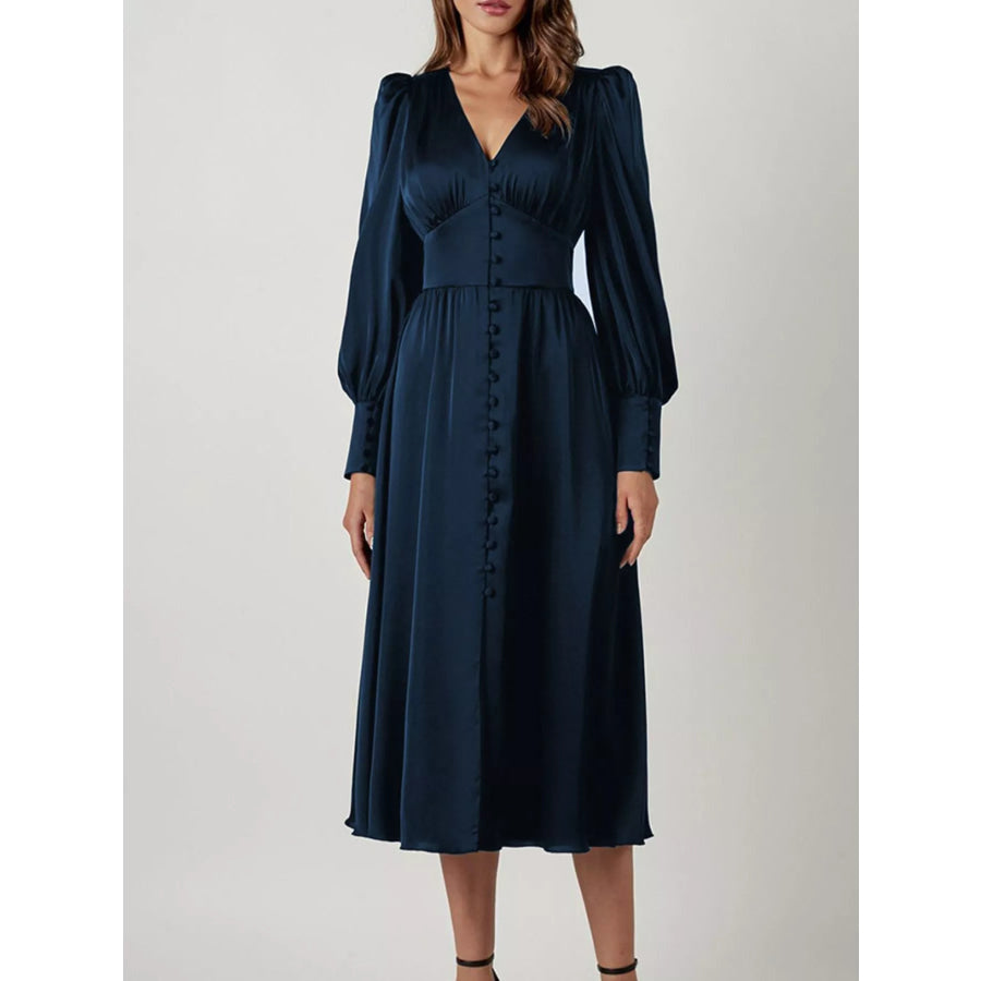 Elegant V-Neck Puff Sleeve Button-Down Midi Dress Dark Blue / XS Apparel and Accessories