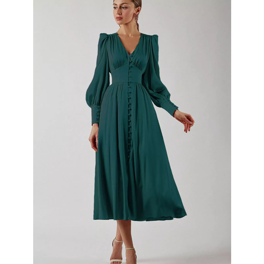 Elegant V-Neck Puff Sleeve Button-Down Midi Dress Dark Green / XS Apparel and Accessories