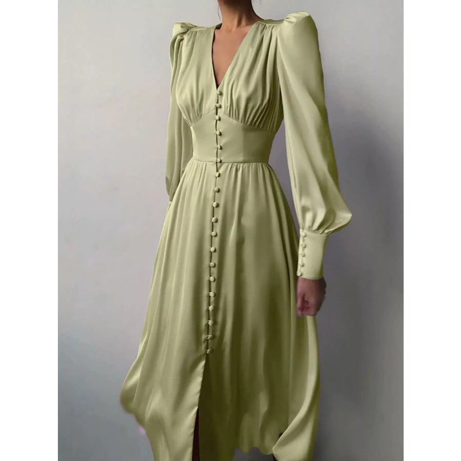 Elegant V-Neck Puff Sleeve Button-Down Midi Dress Green / XS Apparel and Accessories