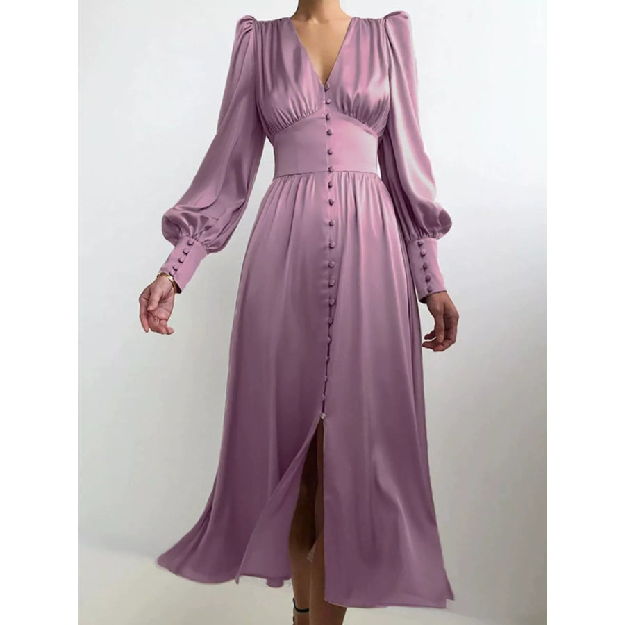 Elegant V-Neck Puff Sleeve Button-Down Midi Dress Purple / XS Apparel and Accessories